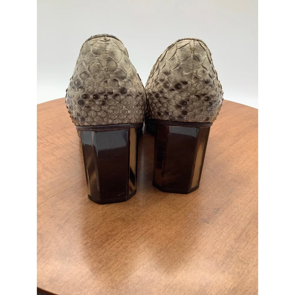 Paolo Iantorno Python Snakeskin Square Toe Block Heel Pumps Tan Brown Size 38